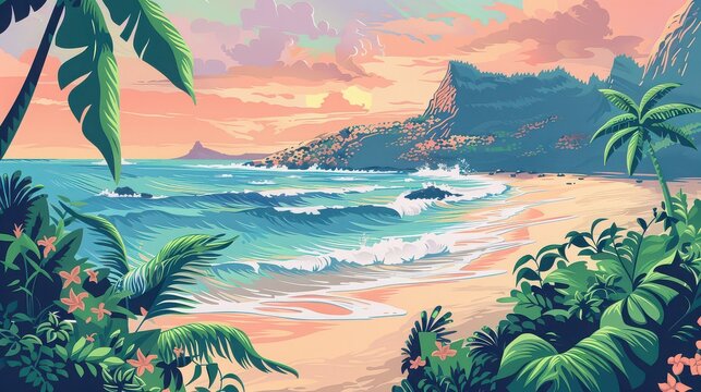 Tropical coastline scene with lush green palm leaves framing a sandy beach, rolling sea waves, and rocky mountains.