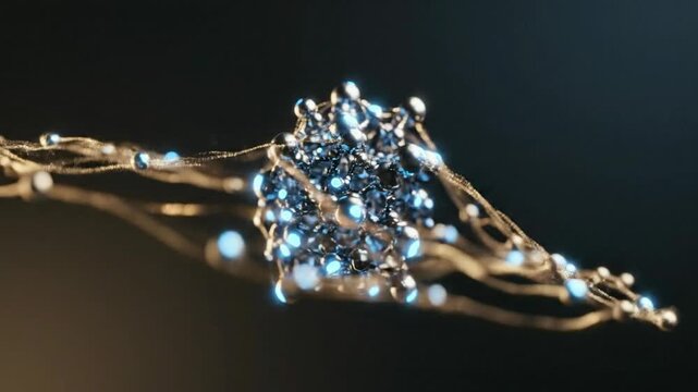 Molecular structure network spinning with glowing blue spheres and gol
