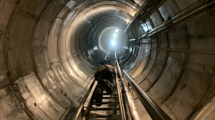 Fototapeta premium Engineer ascending industrial tunnel staircase with copy space for technical documentation