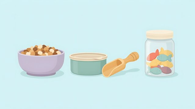 Cute vector illustration of a purple bowl filled with pet kibble, a wooden scoop, a sealed container, and a jar of fish-shaped treats