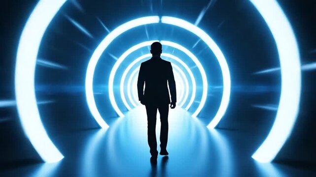 Future Forward: A lone silhouette walks down a futuristic tunnel illuminated by glowing blue rings, representing progress and the unknown path ahead.