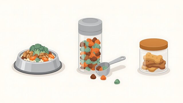 Flat vector illustration of pet food prep with a metal bowl, dried kibble container, and peanut butter jar