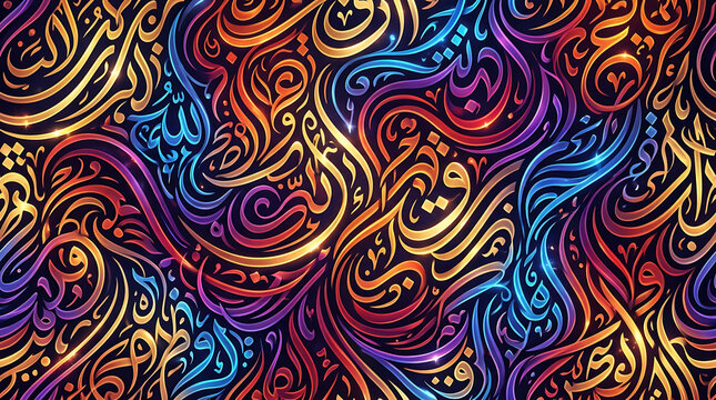 Abstract Arabic calligraphy pattern with vibrant colorful swirling vortex lines