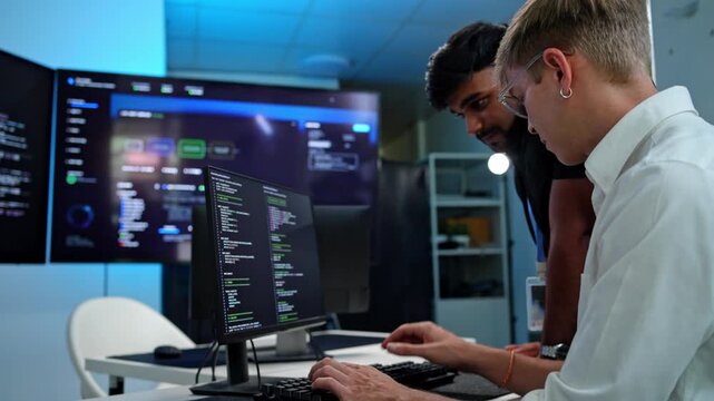 Programmers fix bugs on glowing screens in sleek office
