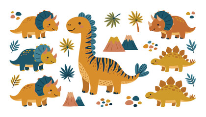 Cute Cartoon Dinosaur Vector Clipart Set Featuring Triceratops Stegosaurus and Brachiosaurus with Volcanoes Palm Leaves and Prehistoric Decorative Design Elements © rufshi