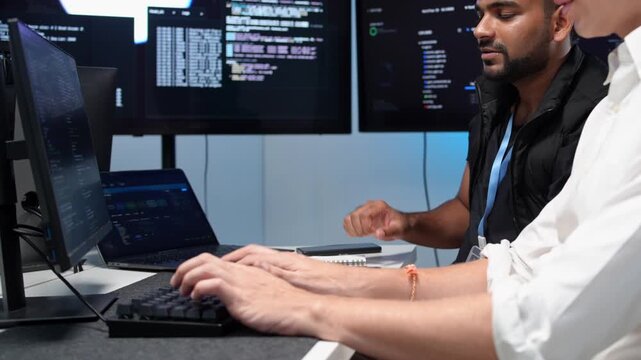 Two coders typing side by side on dual monitors