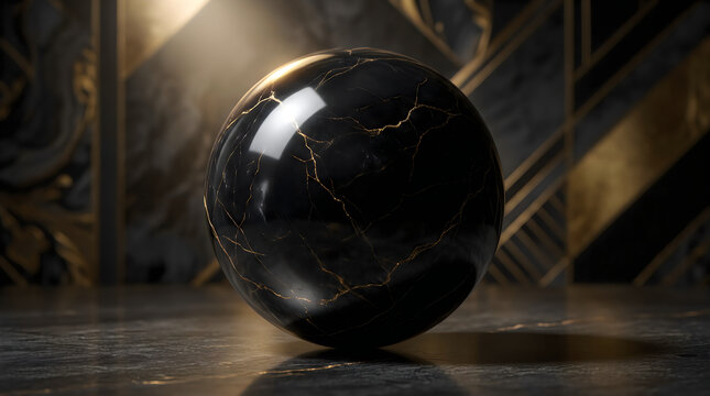 Large polished black stone sphere resting on dark textured surface with dark background reflective surface luxurious