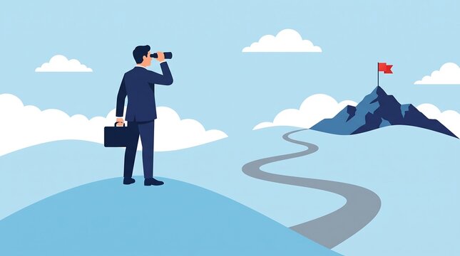 Businessman using binoculars to view a distant flag on a mountain peak vector illustration