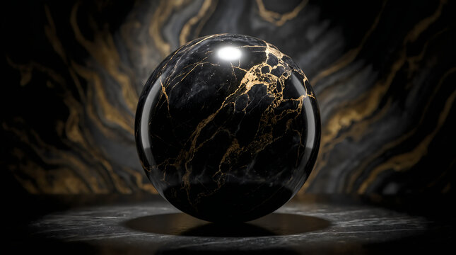 Decorative black and gold marble orb displayed on a circular stone pedestal with marble sphere gold veining pedestal