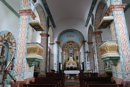 Interior view with altar of the Church of Sao Mateus in the Portuguese municipality Sao Mateus, Island Pico, Azores, Portugal