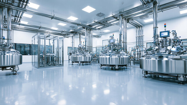Advanced industrial laboratory with automated processing units and cleanroom environment for high tech vaccine research.