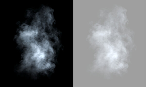 White smoke plume isolated on transparent and black background. Realistic steam cloud and fog special effect overlay