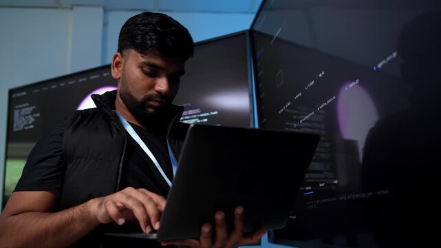 Software engineer coding intensely on laptop in dim tech office