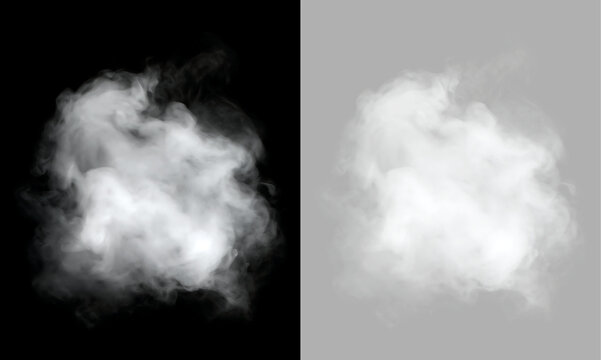 Dense white smoke cloud and steam burst isolated on transparent and black background. Realistic fog and vapor VFX overlay