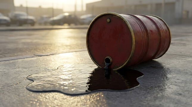 Crude oil leaking from a fallen red metal barrel drum onto concrete ground