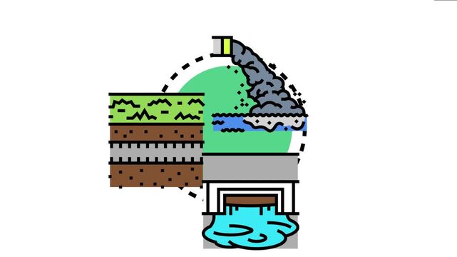 Municipal drainage system managing water flow, urban planning, and pollution control involving a pipe discharging wastewater into a river and a culvert releasing stormwater