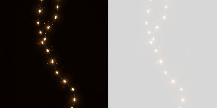 Hanging warm led fairy lights garland on transparent background. Glowing Christmas string light overlay. Holiday festival illumination