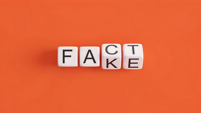 The word 'fake' spelled out with letter cubes against a bright orange background conceptual image