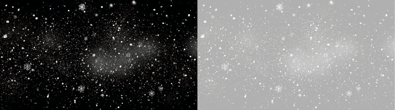 Falling snow overlay on black and transparent background. Realistic winter snowfall blizzard effect. Festive Christmas backdrop