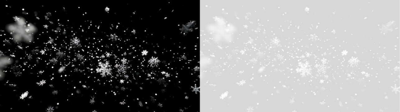 Realistic heavy snowfall overlay with depth of field blur. Falling snowflakes on black and transparent background. Winter blizzard banner