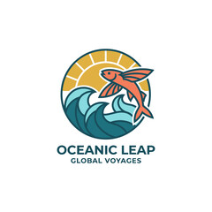 Obraz premium An eye-catching logo showcasing a fish leaping over stylized waves, indicating adventure and exploration, perfect for travel and oceanic brands.
