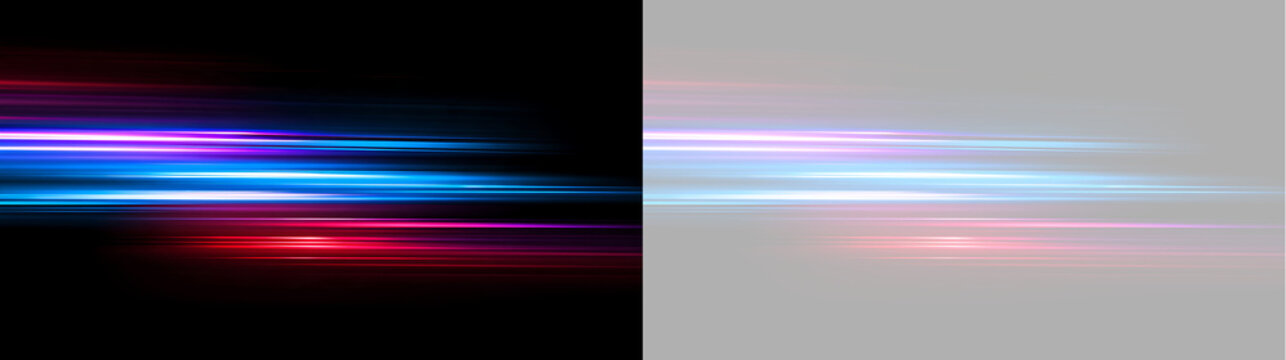 Glowing neon light trails with high speed motion blur effect. Abstract horizontal red and blue laser streaks overlay on transparent background