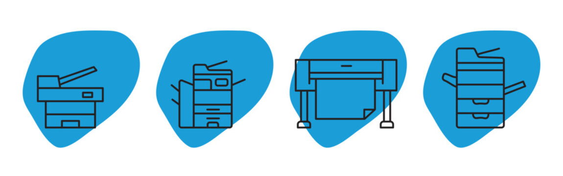 Commercial printing press and office copier icon set &ndash; editable outline symbols of multifunction office printer, heavy duty copy machine, wide format plotter printer, and paper drawer tower