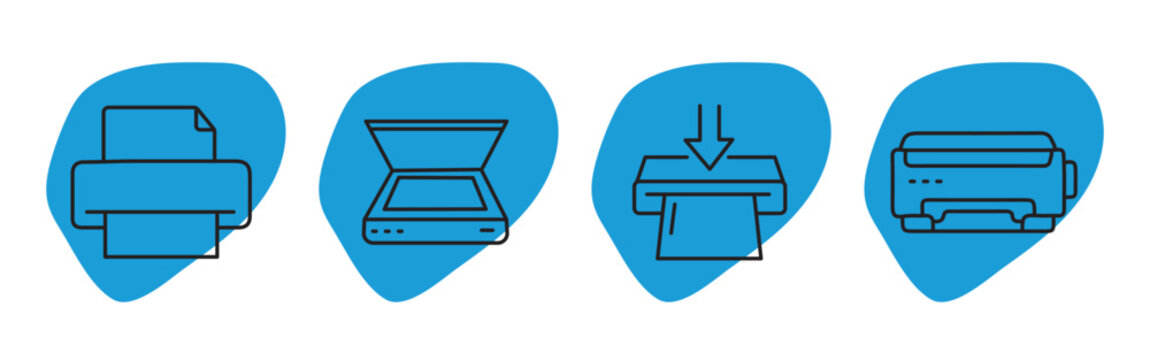 Desktop printing and scanning device icon set &ndash; editable outline symbols of home inkjet printer, flatbed scanner open lid, paper slot feed, and compact printer scanner