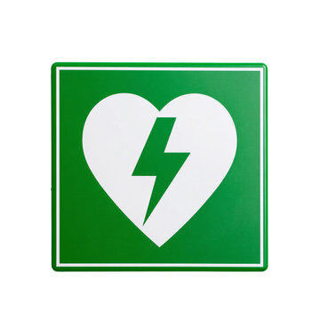 Square green AED sign with a white heart and lightning bolt defibrillator icon, isolated icon png with transparent background. AI gen
