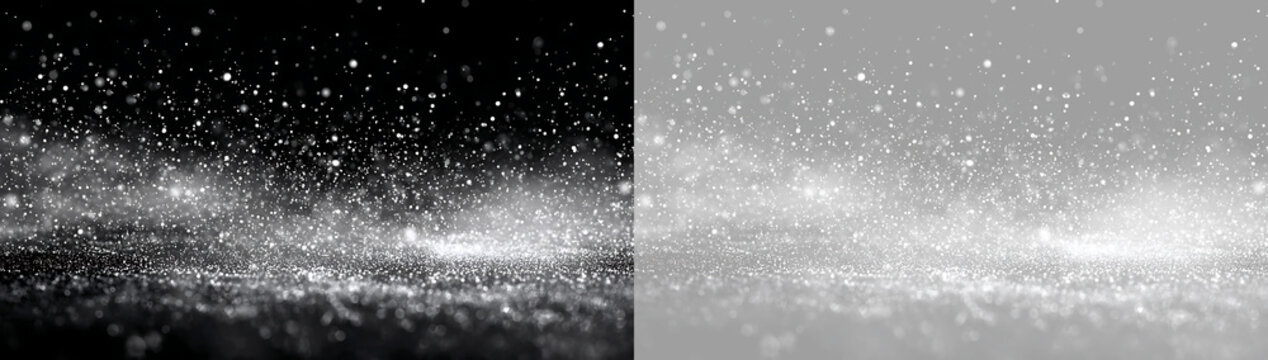 White sparkling glitter particles explosion on transparent and black background. Silver bokeh dust overlay effect for celebration banner