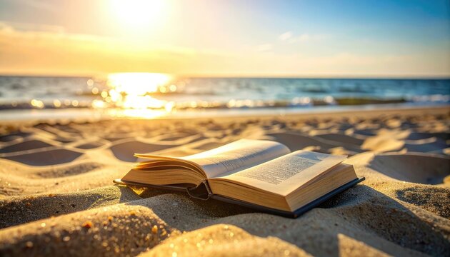 An open book rests on a sandy beach as the sun sets over the ocean.