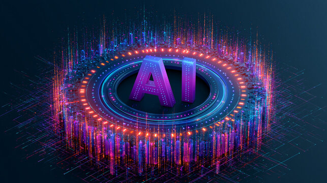 Artificial intelligence AI glowing letters in center of futuristic technological abstract portal with data streams.