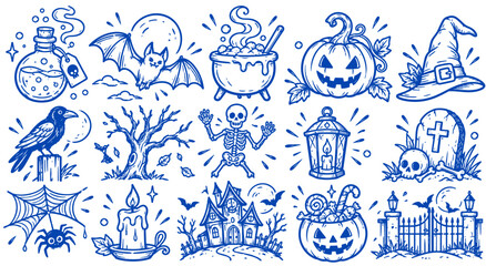 Fototapeta premium Halloween doodle vector icon set, hand drawn blue line art clipart collection, spooky autumn festival graphic elements for holiday design