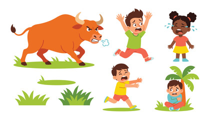 Obraz premium Angry aggressive bull chasing scared cartoon children running away and crying in fear for ranch safety education