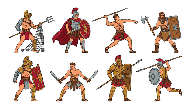 Ancient roman gladiator warrior character collection set with traditional antique combat armor sword shield spear trident axe net weapons