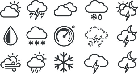 Obraz premium Meteorological weather conditions line icon set featuring sun cloud rain storm snow and gauge symbols