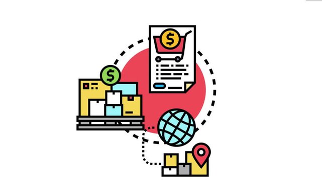 Global procurement funding process for multinational supply chains, transactions, logistics, and worldwide delivery of goods on a white background