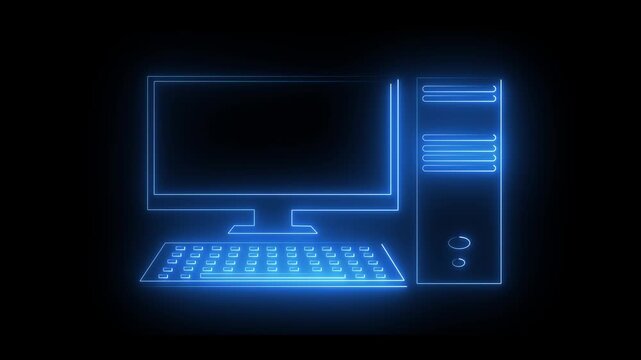 Glowing neon blue color computer icon isolated on black background. Technology Concept Illustration. Technology, digital marketing and pc screen for software.
