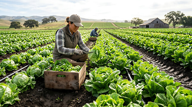 Farmers Harvesting Fresh Green Leafy Vegetables Outdoors.