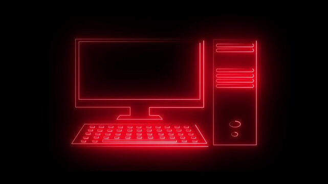 Glowing neon red color computer icon isolated on black background. Technology Concept Illustration. Technology, digital marketing and pc screen for software.