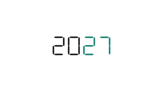 Digital year 2027 transition on screen. Countdown timer display animation. Electronic clock numbers changing against clean white background. Stock video clip