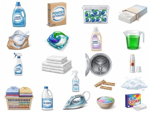 Collection of various laundry supplies including detergents fabric softeners cleaning agents and ironing equipment on white background