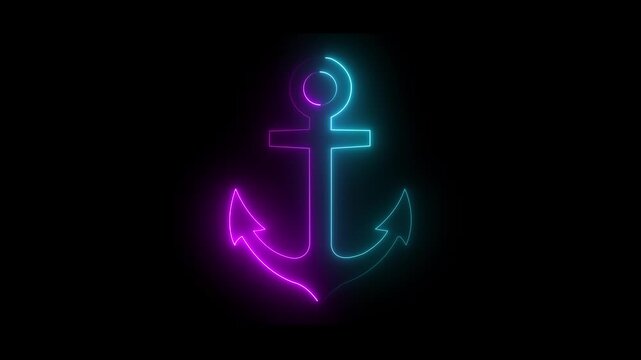 Glowing neon blue and pink color Anchor icon isolated on black background. Symbolizing maritime themes, ship stability and ocean navigation.