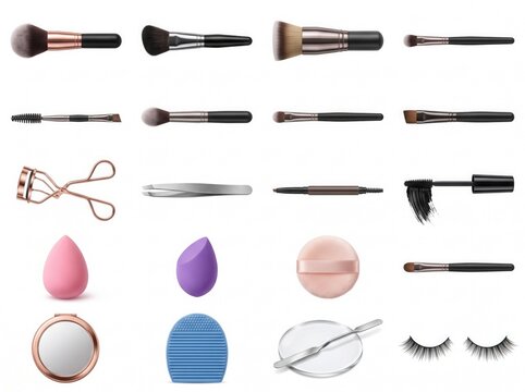 Collection of professional makeup brushes tools sponges and beauty accessories isolated on a clean white background