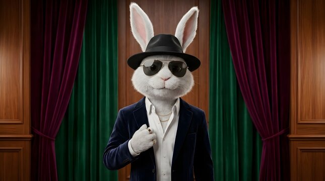 Stylish anthropomorphic rabbit in suit and sunglasses posing confidently