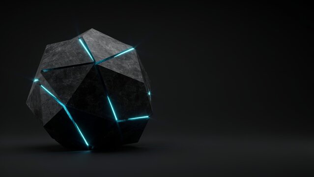 Abstract geometric stone sphere with glowing blue neon light lines