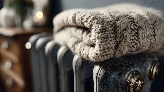 Cozy Winter Warmth: Knit Blanket on Rustic Radiator