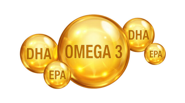 Golden transparent capsules representing Omega 3 DHA and EPA fatty acids for health and nutrition isolated on transparent background