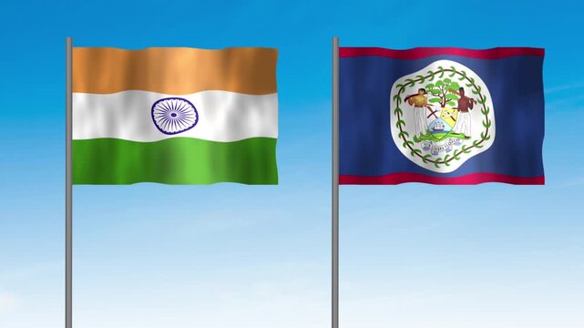 Flag of Belize and India, Pole flag of Belize and India on clear sky background. Belize and India flag waving. 
