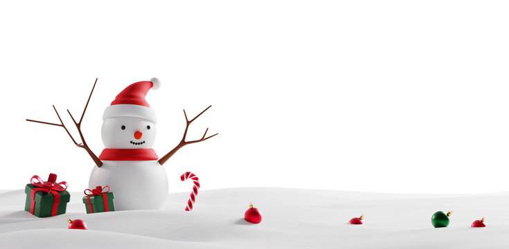Christmas snowman with green gift boxes and candy cane on transparent background with copy space 3D render